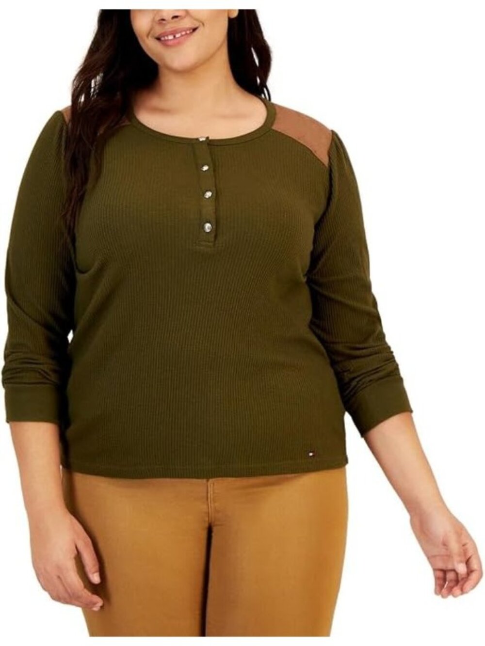 Tommy Hilfiger Womens Plus Waffle Knit Thermal Henley Top Green Size 1X NWT